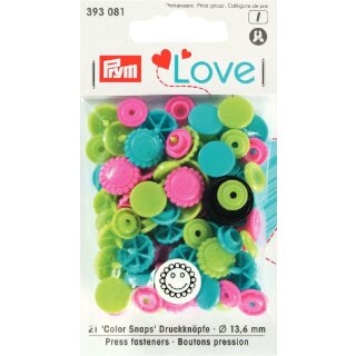 393081 Prym Love Druckknopf Color Blume 13,6 mm türkis/grün/pink - KTE á 21 St