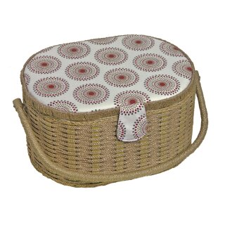 Nähkörbchen oval braun - Bezug weiß / Kreise
