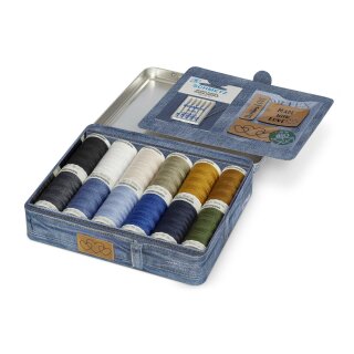 Denim Box mit Jeans Nähnadeln und Kunstlederetiketten  - 799782 - 12  Spulen á 100m - verschiedene Farben
